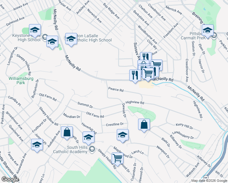 map of restaurants, bars, coffee shops, grocery stores, and more near 421 Dewalt Drive in Pittsburgh