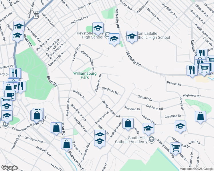 map of restaurants, bars, coffee shops, grocery stores, and more near 300 Old Farm Road in Pittsburgh