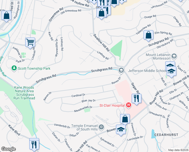 map of restaurants, bars, coffee shops, grocery stores, and more near 1239 Grouse Drive in Pittsburgh