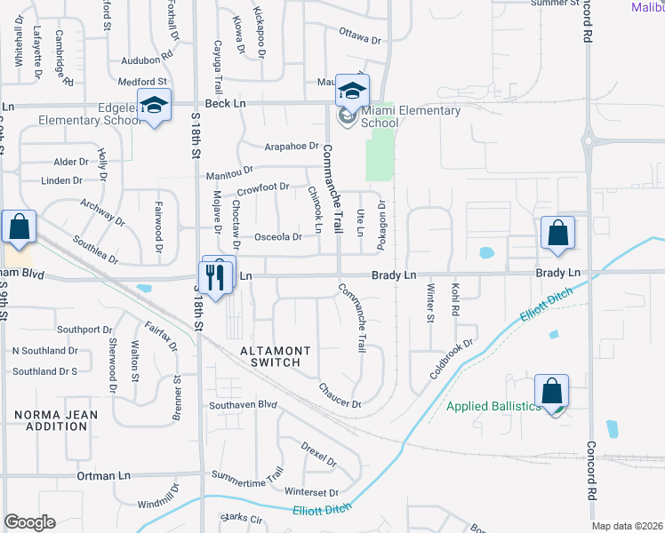 map of restaurants, bars, coffee shops, grocery stores, and more near 2309 Brady Lane in Lafayette