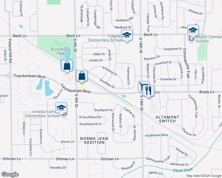 map of restaurants, bars, coffee shops, grocery stores, and more near Twyckenham Boulevard in Lafayette