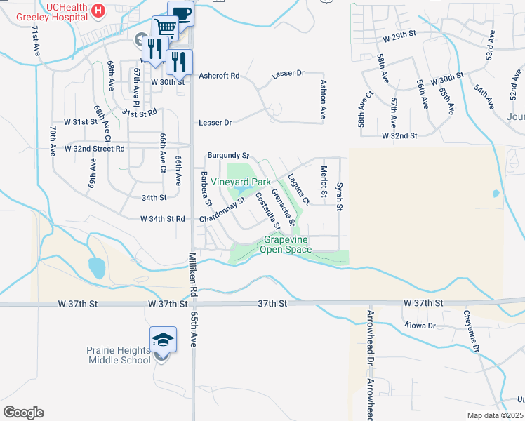 map of restaurants, bars, coffee shops, grocery stores, and more near 3337 Corvina Court in Evans