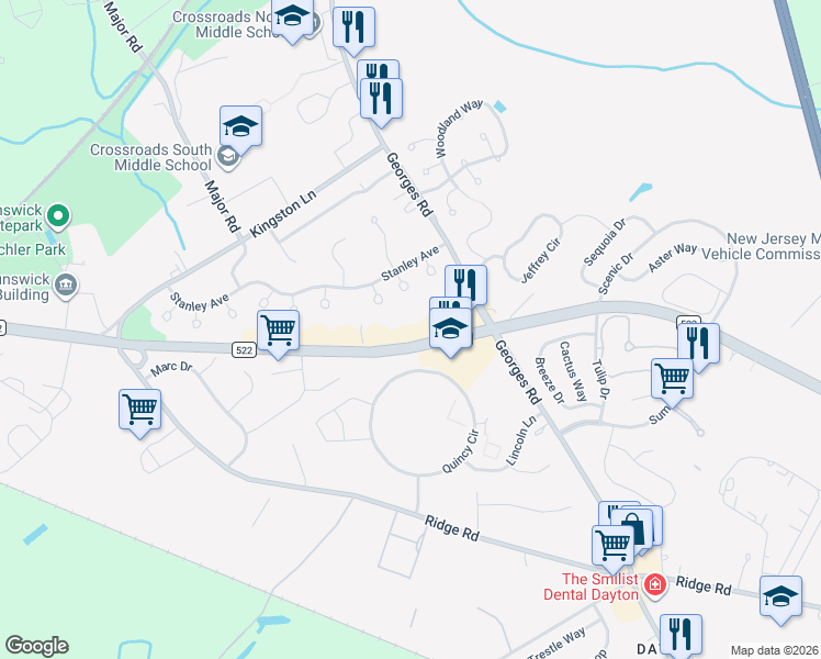 map of restaurants, bars, coffee shops, grocery stores, and more near County Road 522 in South Brunswick Township