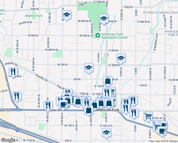 map of restaurants, bars, coffee shops, grocery stores, and more near 28 West 200 North Street in American Fork