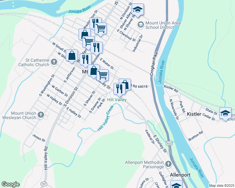 map of restaurants, bars, coffee shops, grocery stores, and more near 216 East Shirley Street in Mount Union