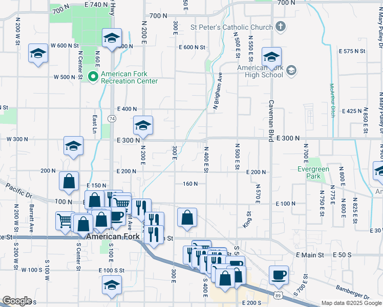 map of restaurants, bars, coffee shops, grocery stores, and more near 369 200 North in American Fork