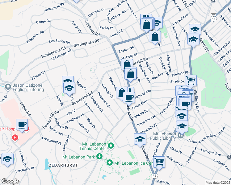 map of restaurants, bars, coffee shops, grocery stores, and more near 464 Serpentine Drive in Pittsburgh