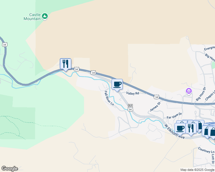 map of restaurants, bars, coffee shops, grocery stores, and more near 475 Fall River Lane in Estes Park