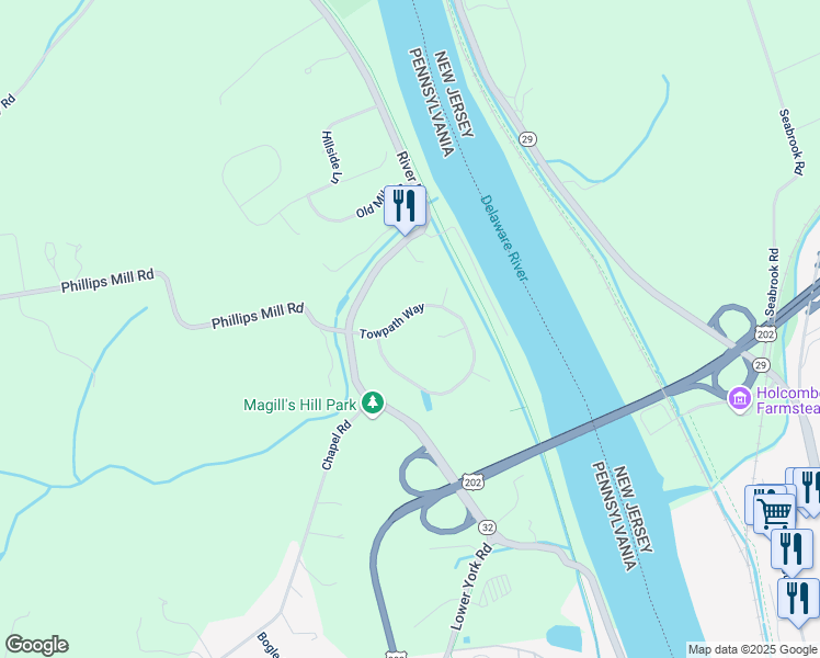 map of restaurants, bars, coffee shops, grocery stores, and more near 6 Towpath Way in New Hope