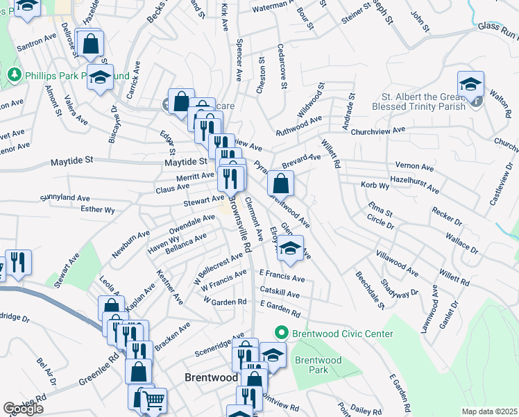 map of restaurants, bars, coffee shops, grocery stores, and more near 2922 Glendale Avenue in Pittsburgh