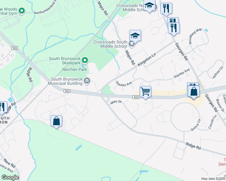 map of restaurants, bars, coffee shops, grocery stores, and more near 514 Ridge Road in South Brunswick Township