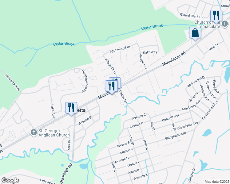 map of restaurants, bars, coffee shops, grocery stores, and more near 29 Daniel Road in Spotswood