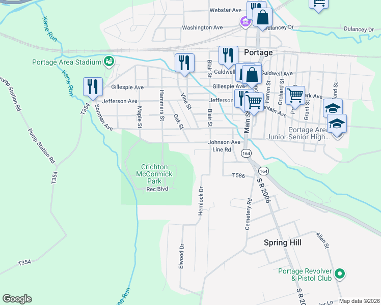 map of restaurants, bars, coffee shops, grocery stores, and more near 1001-1099 Oak Street in Portage