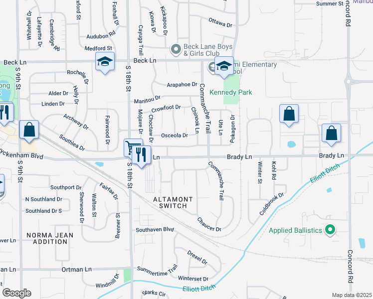 map of restaurants, bars, coffee shops, grocery stores, and more near 2205 Osceola Drive in Lafayette
