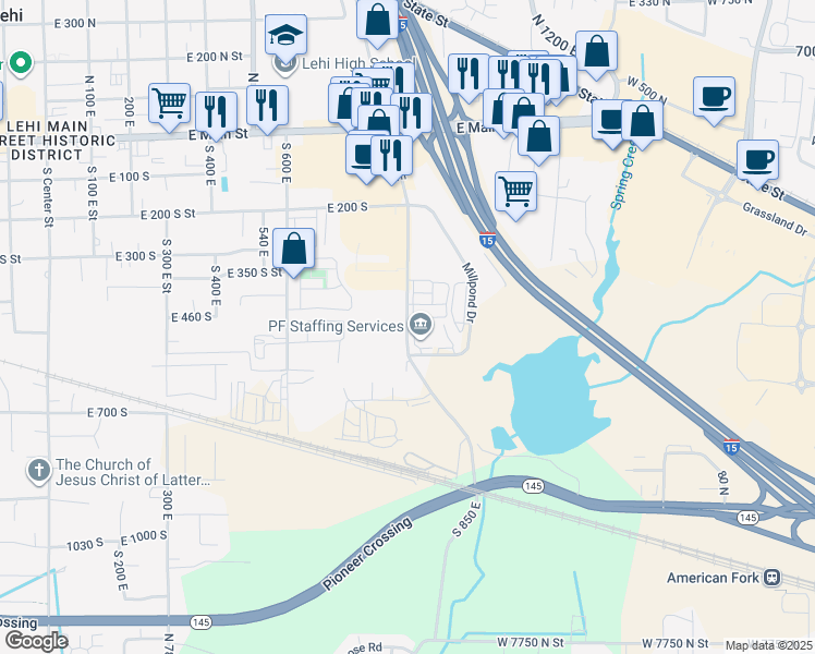 map of restaurants, bars, coffee shops, grocery stores, and more near 521 South 850 East in Lehi