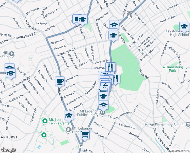 map of restaurants, bars, coffee shops, grocery stores, and more near 37 Shady Drive West in Pittsburgh