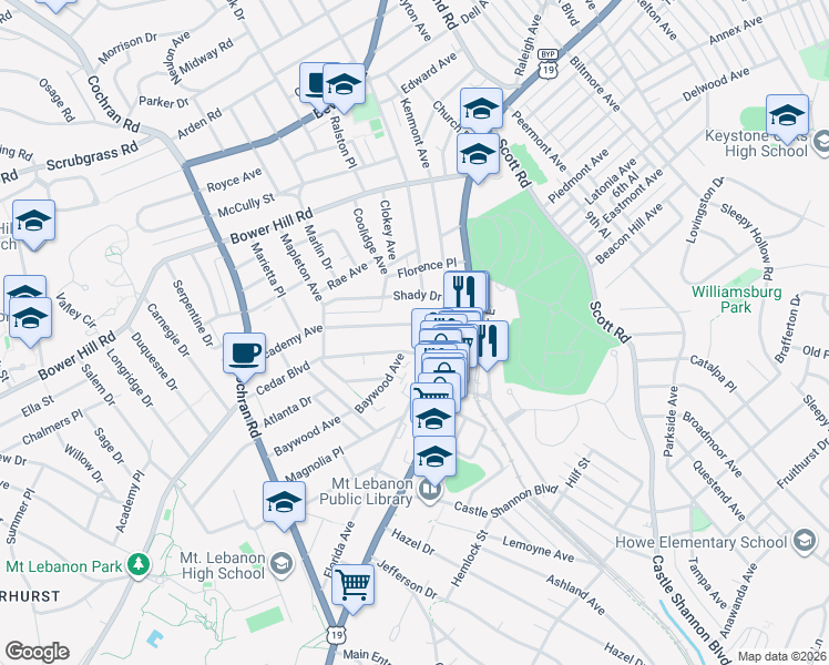 map of restaurants, bars, coffee shops, grocery stores, and more near 37 Shady Drive West in Pittsburgh