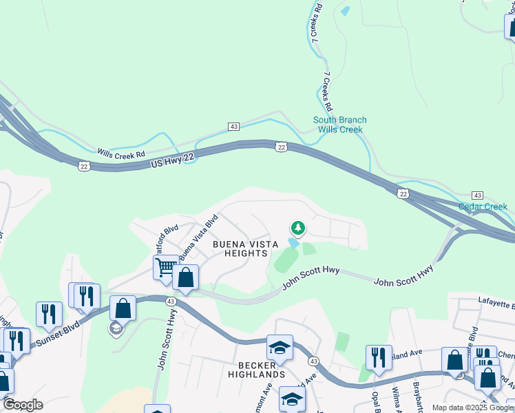 map of restaurants, bars, coffee shops, grocery stores, and more near 725 Buena Vista Boulevard in Steubenville