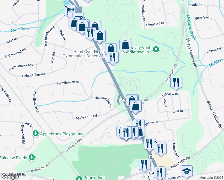 map of restaurants, bars, coffee shops, grocery stores, and more near 620 New Jersey 35 in Middletown Township