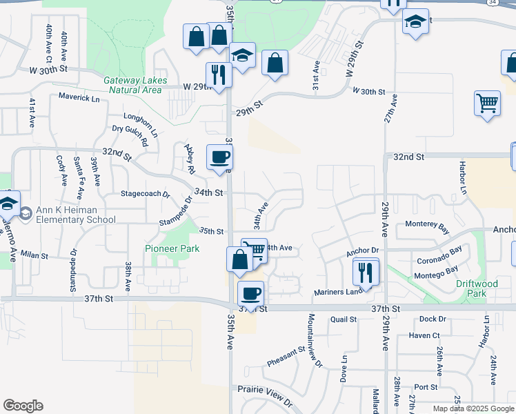 map of restaurants, bars, coffee shops, grocery stores, and more near 3405 34th Avenue in Greeley