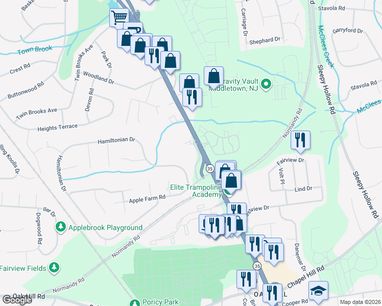 map of restaurants, bars, coffee shops, grocery stores, and more near 620 New Jersey 35 in Middletown Township