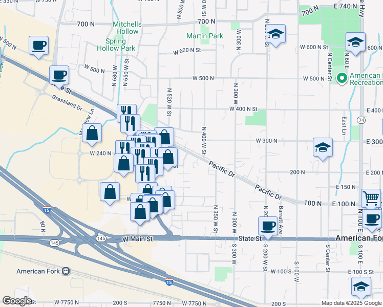 map of restaurants, bars, coffee shops, grocery stores, and more near 303 North 400 West Street in American Fork