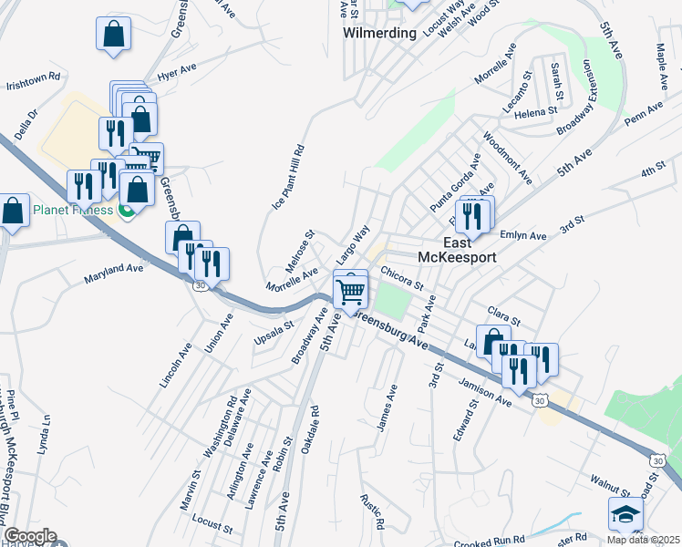 map of restaurants, bars, coffee shops, grocery stores, and more near 1109 Largo Way in East McKeesport