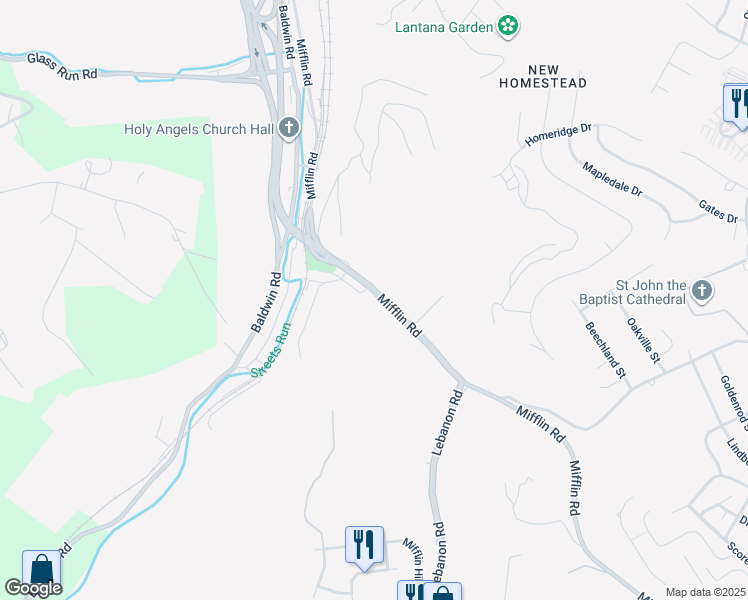 map of restaurants, bars, coffee shops, grocery stores, and more near 643 Mifflin Road in Pittsburgh