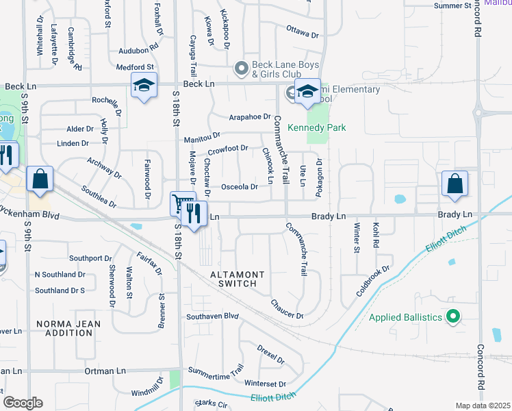 map of restaurants, bars, coffee shops, grocery stores, and more near 2205 Osceola Drive in Lafayette