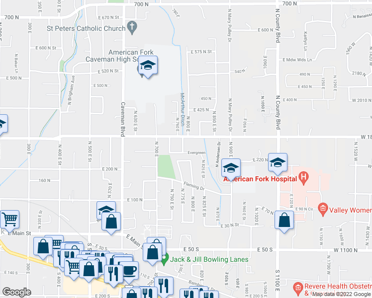 map of restaurants, bars, coffee shops, grocery stores, and more near 250 Parker Avenue in American Fork