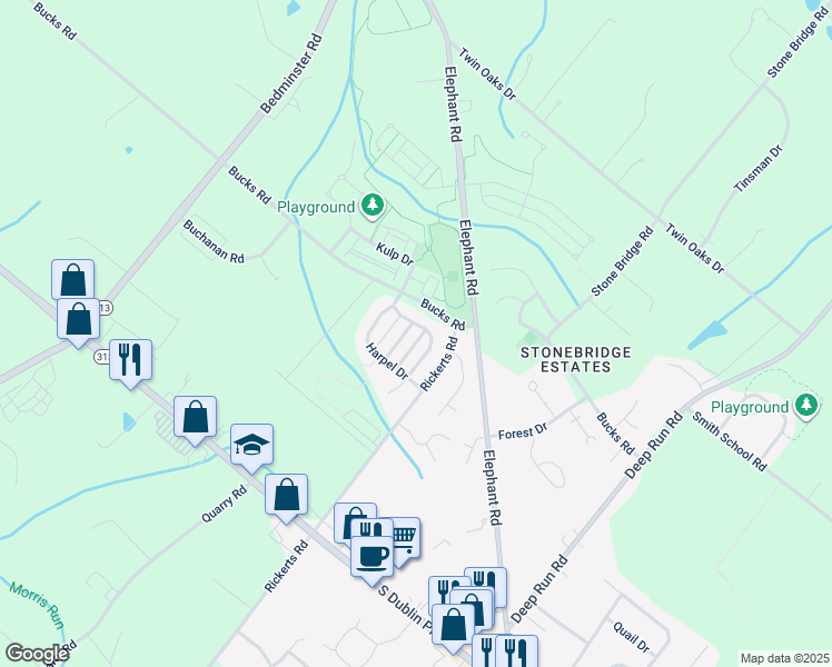 map of restaurants, bars, coffee shops, grocery stores, and more near 301 Cochrane Road in Perkasie