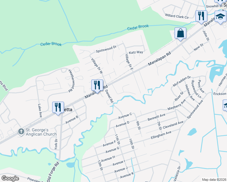 map of restaurants, bars, coffee shops, grocery stores, and more near 441 Manalapan Road in Spotswood