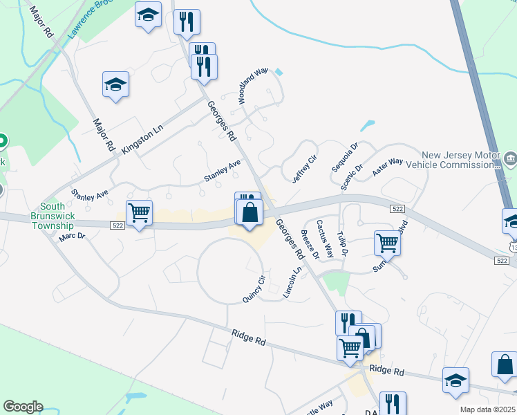 map of restaurants, bars, coffee shops, grocery stores, and more near 495 Georges Road in South Brunswick Township