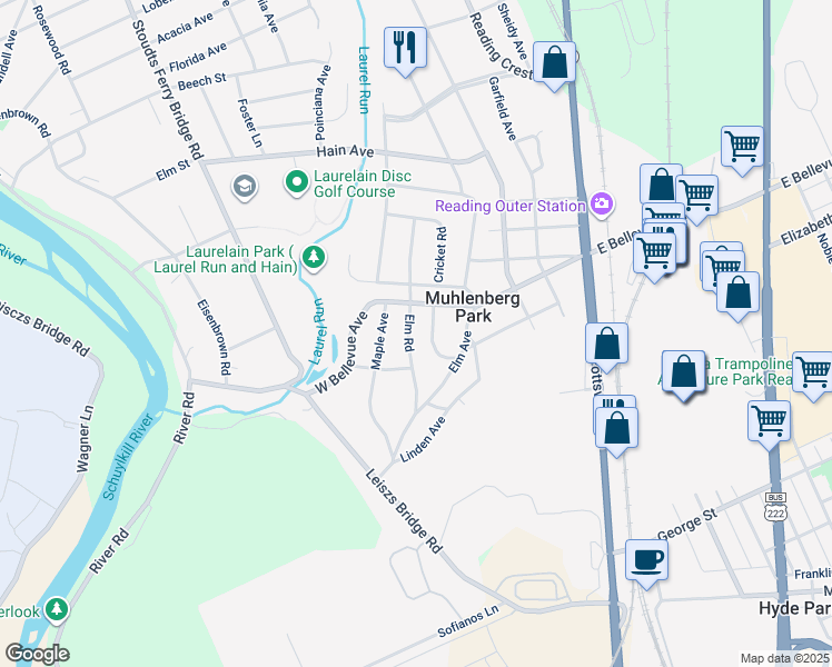 map of restaurants, bars, coffee shops, grocery stores, and more near 3031 Elm Rd in Reading