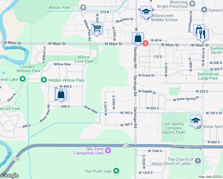 map of restaurants, bars, coffee shops, grocery stores, and more near 2534 450 South in Lehi