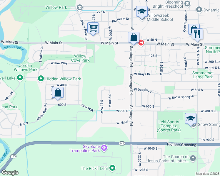 map of restaurants, bars, coffee shops, grocery stores, and more near 2534 450 South in Lehi