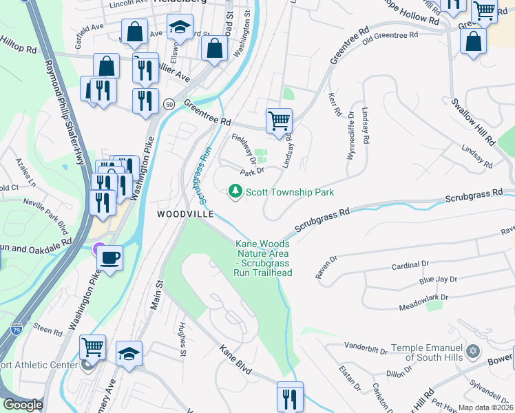 map of restaurants, bars, coffee shops, grocery stores, and more near in Scott Township