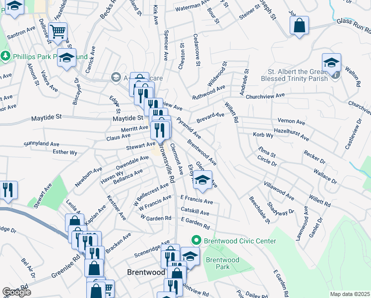 map of restaurants, bars, coffee shops, grocery stores, and more near 2927 Brentwood Avenue in Pittsburgh