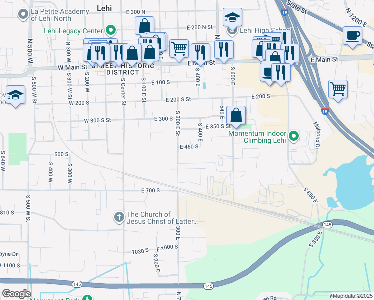 map of restaurants, bars, coffee shops, grocery stores, and more near 352 East 460 South in Lehi
