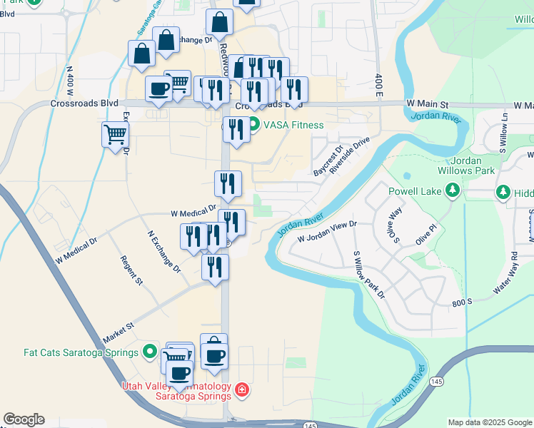 map of restaurants, bars, coffee shops, grocery stores, and more near 117 Riverbend Road in Saratoga Springs