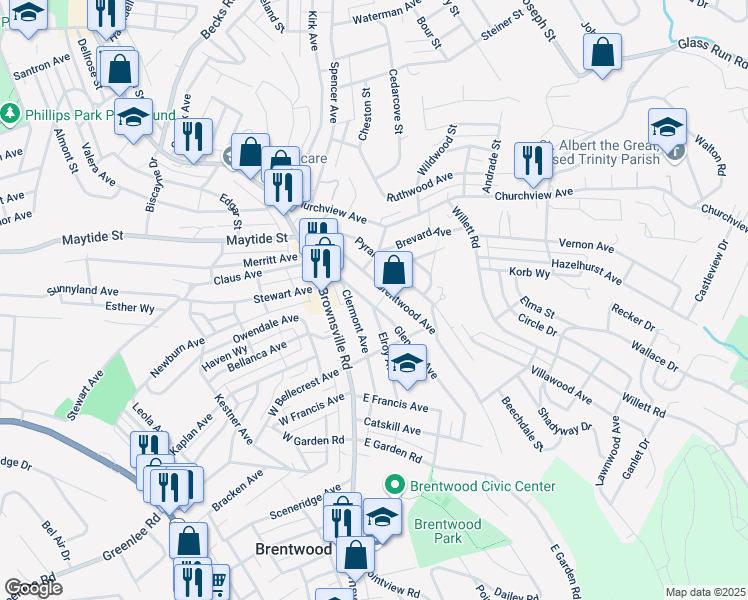 map of restaurants, bars, coffee shops, grocery stores, and more near 2927 Brentwood Avenue in Pittsburgh