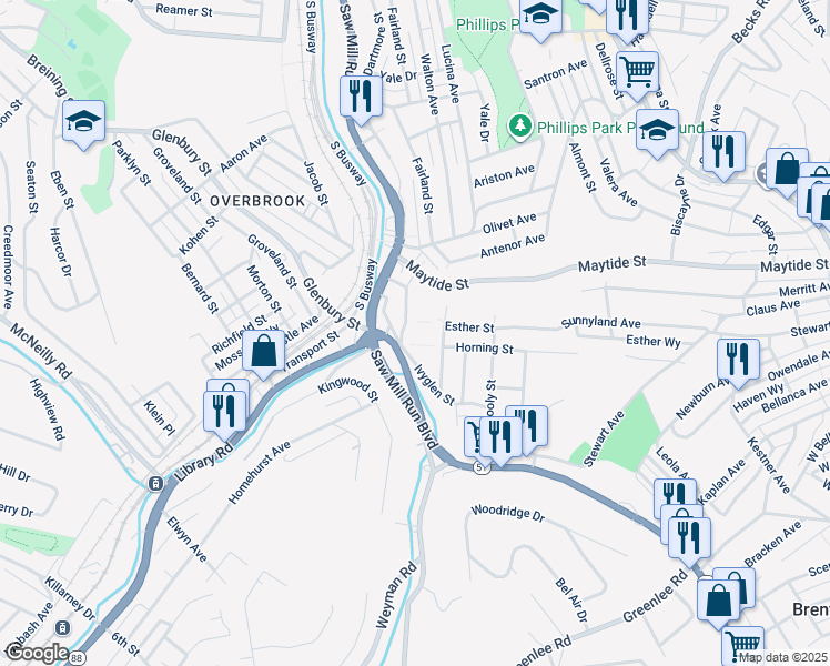 map of restaurants, bars, coffee shops, grocery stores, and more near 2485 Underwood Street in Pittsburgh