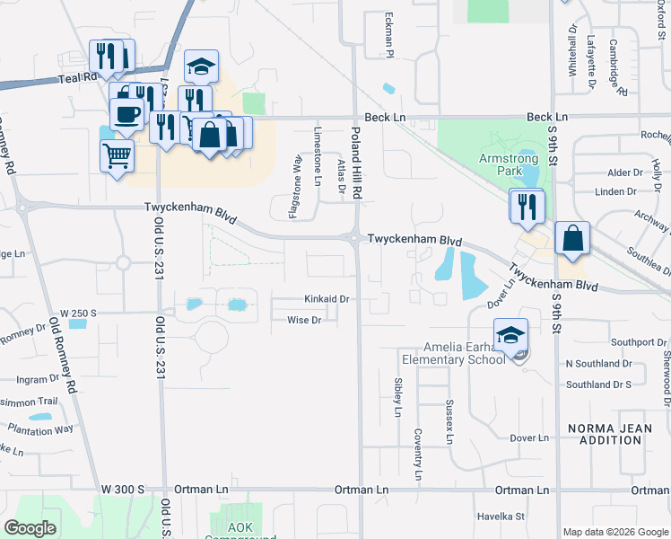 map of restaurants, bars, coffee shops, grocery stores, and more near 3104 Coppergate Circle in Lafayette