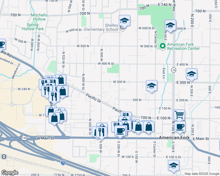 map of restaurants, bars, coffee shops, grocery stores, and more near 250 North 250 West in American Fork