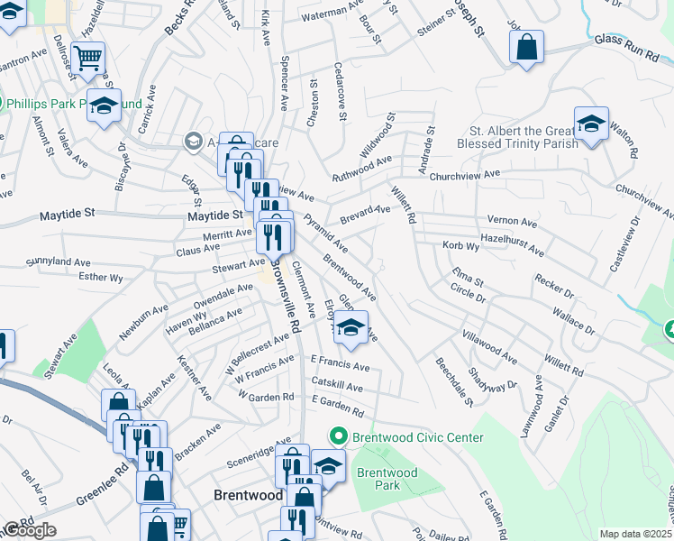map of restaurants, bars, coffee shops, grocery stores, and more near 2927 Brentwood Avenue in Pittsburgh
