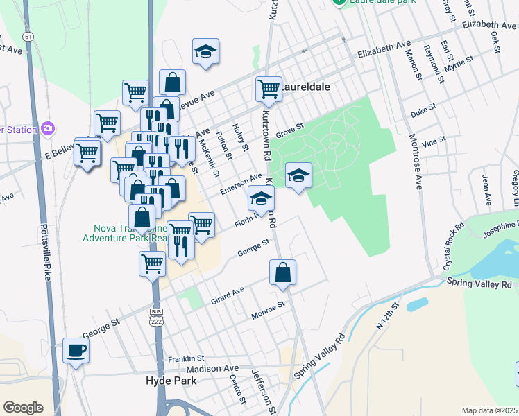 map of restaurants, bars, coffee shops, grocery stores, and more near 811 Hyde Park Avenue in Reading