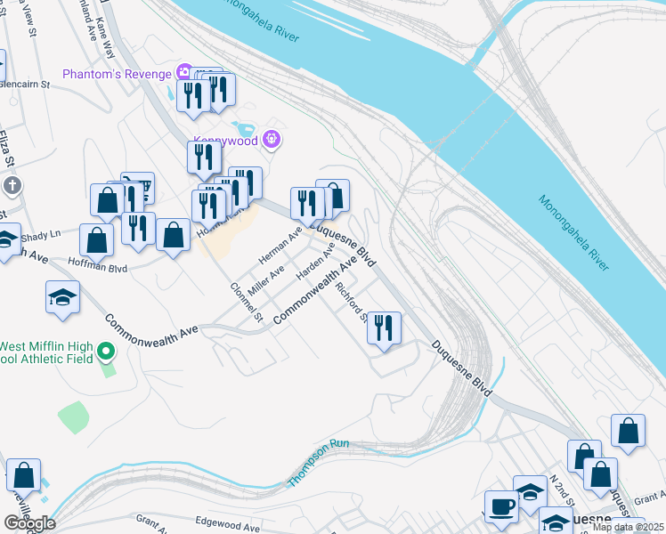 map of restaurants, bars, coffee shops, grocery stores, and more near 908 Liberty Street in Duquesne
