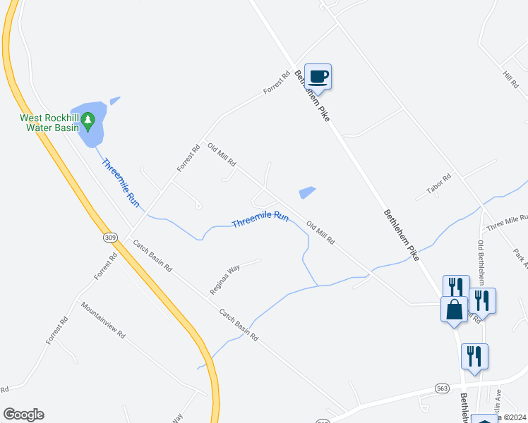 map of restaurants, bars, coffee shops, grocery stores, and more near 402 Old Mill Road in Sellersville