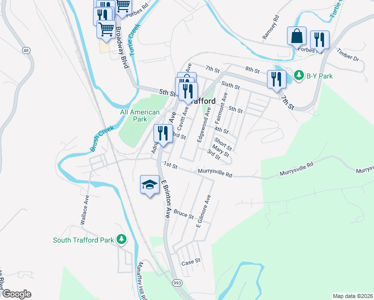 map of restaurants, bars, coffee shops, grocery stores, and more near 227 Edgewood Avenue in Trafford