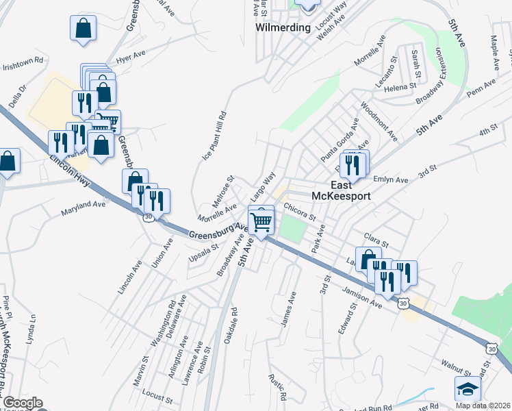 map of restaurants, bars, coffee shops, grocery stores, and more near 1126 Broadway Avenue in East McKeesport